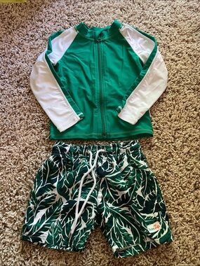 SwimZip Green and White Kids Rash Guard Set with Leaf Print Shorts